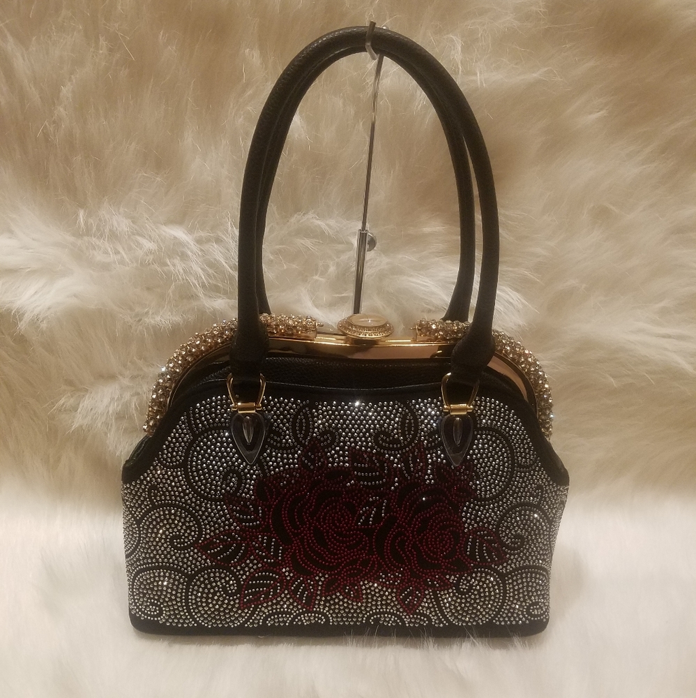 BLACK AND RED FLORAL A-FRAME DESIGN HANDBAG